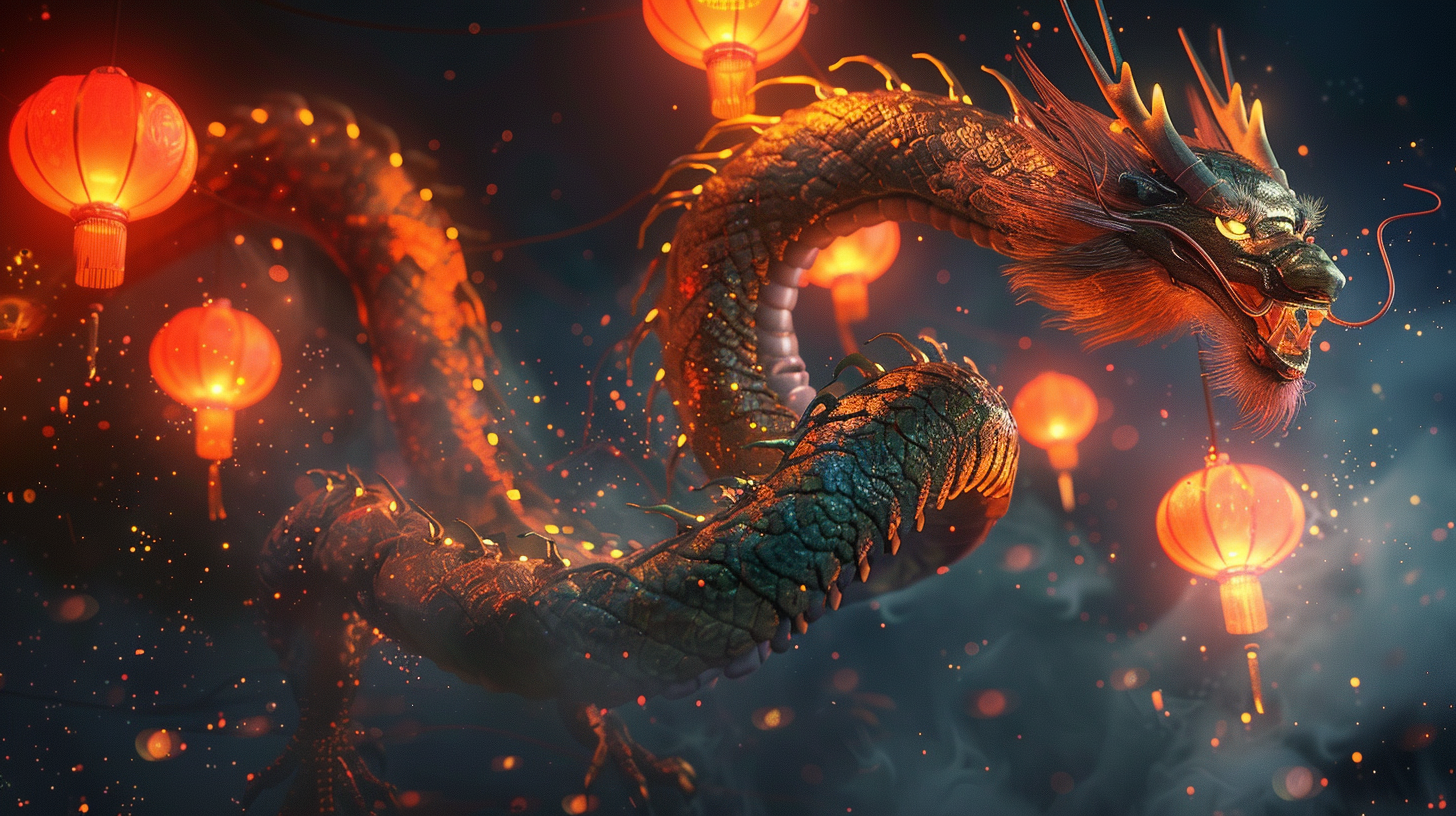 Majestic Chinese Dragon in Night Sky with Lanterns