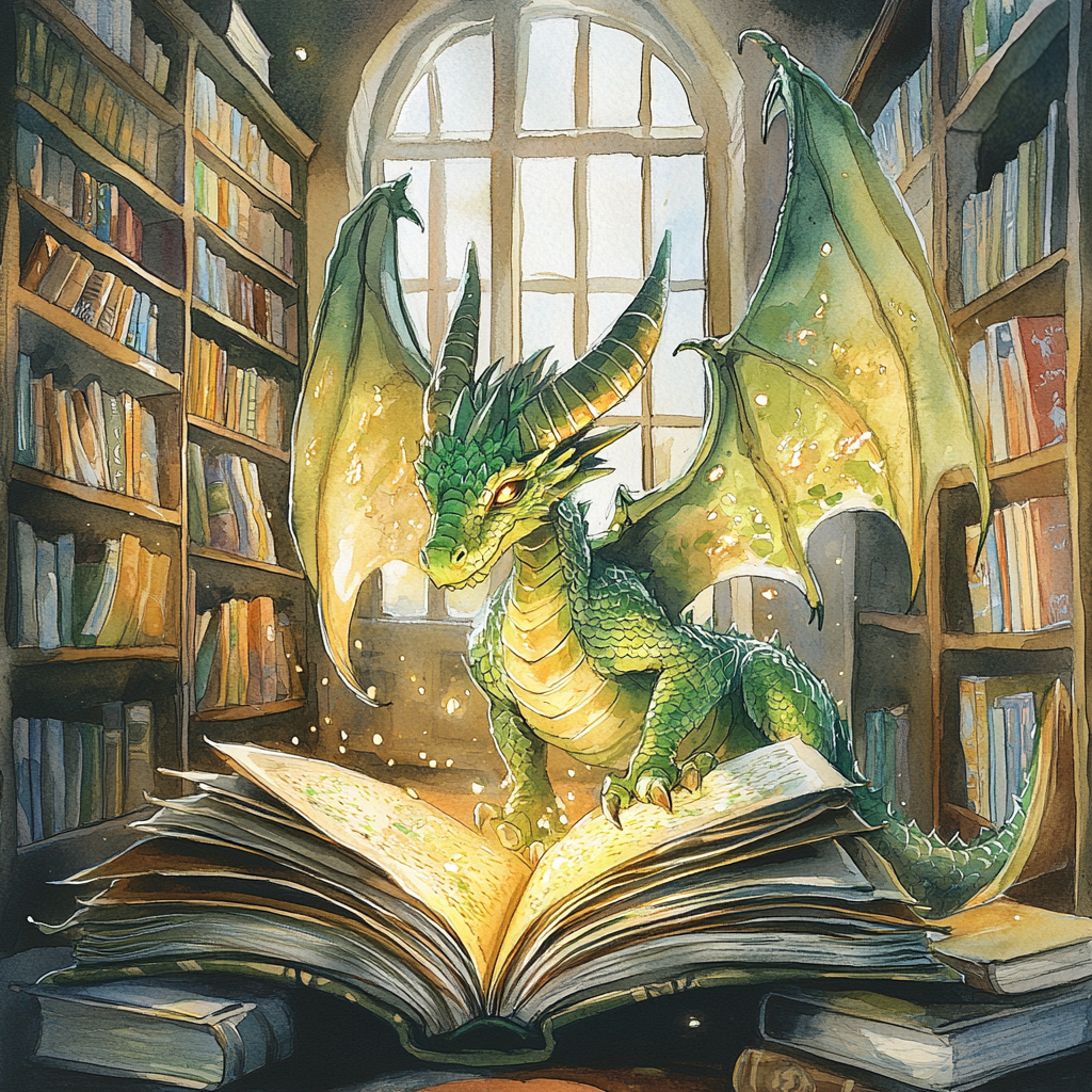 Majestic Dragon Emerging from Storybook in Cozy Library