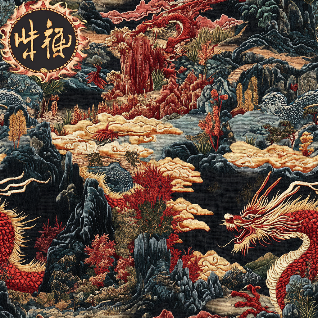 Majestic Dragon in Chinese embroidery style over landscapes.