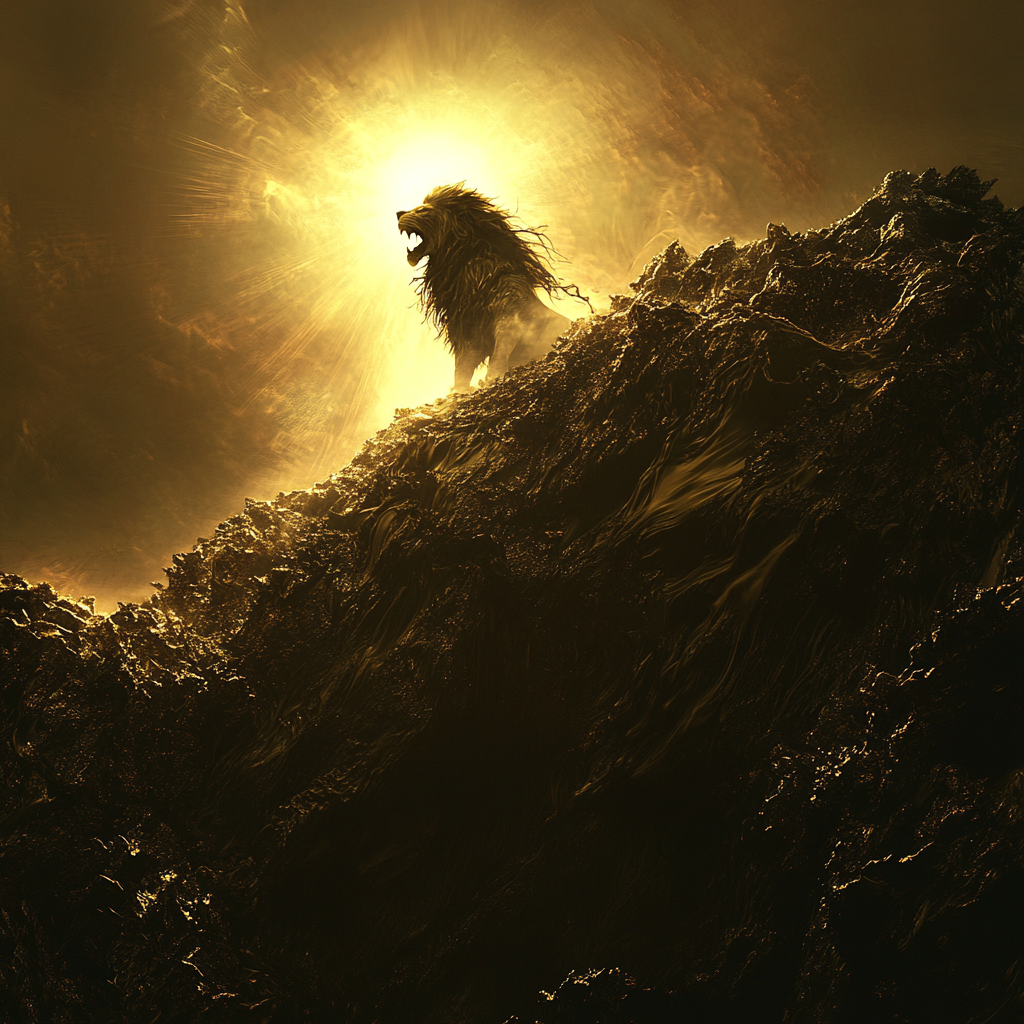 Majestic Lion Standing Atop Metallic Hill