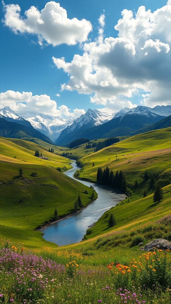 Majestic Mountains and Tranquil River in Vibrant Landscape