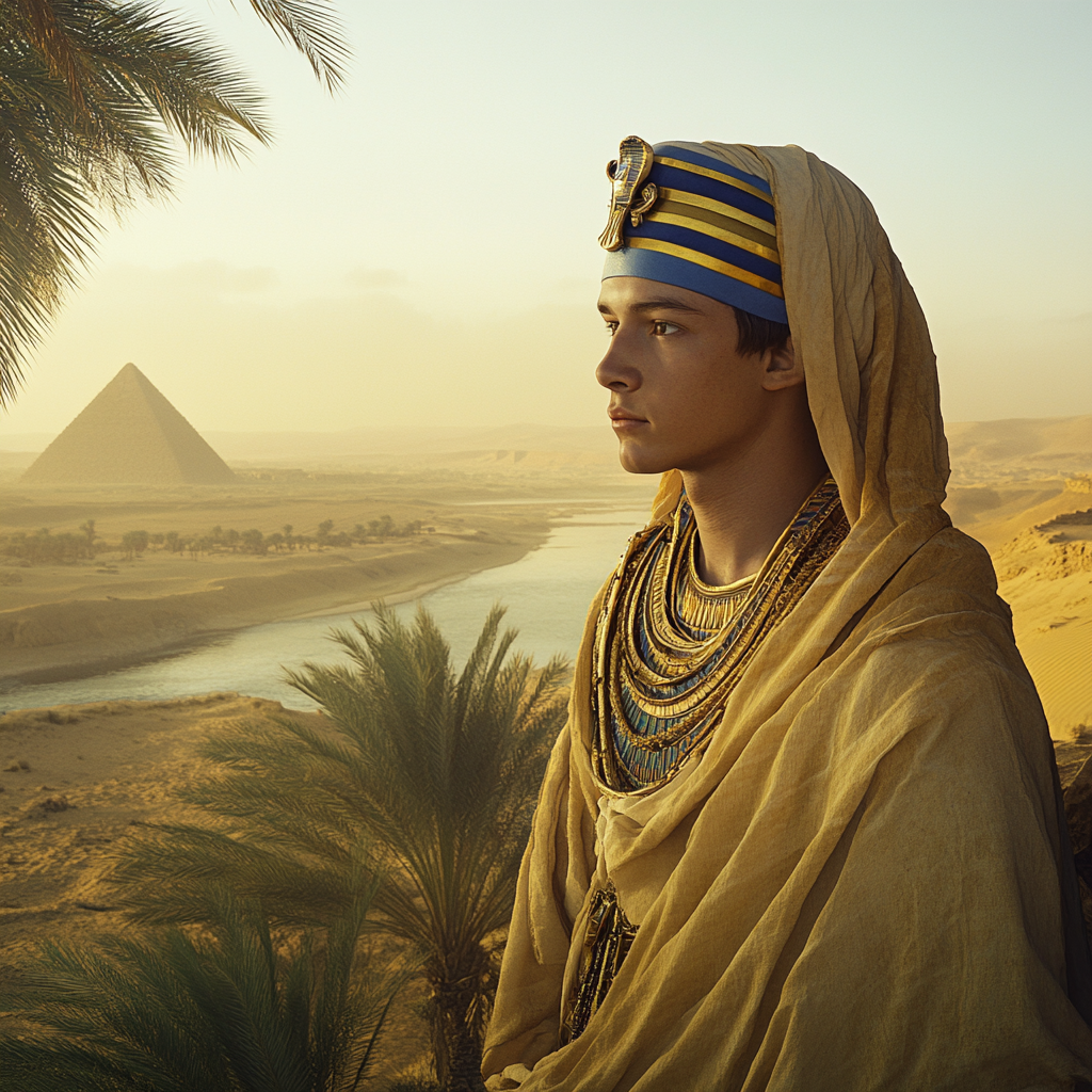 Majestic Pharaoh Khufu at Dawn on Nile Banks