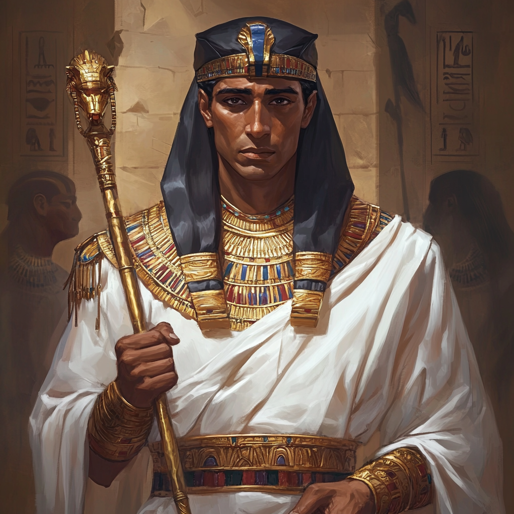 Majestic Pharaoh Khufu in colorful, detailed comic style