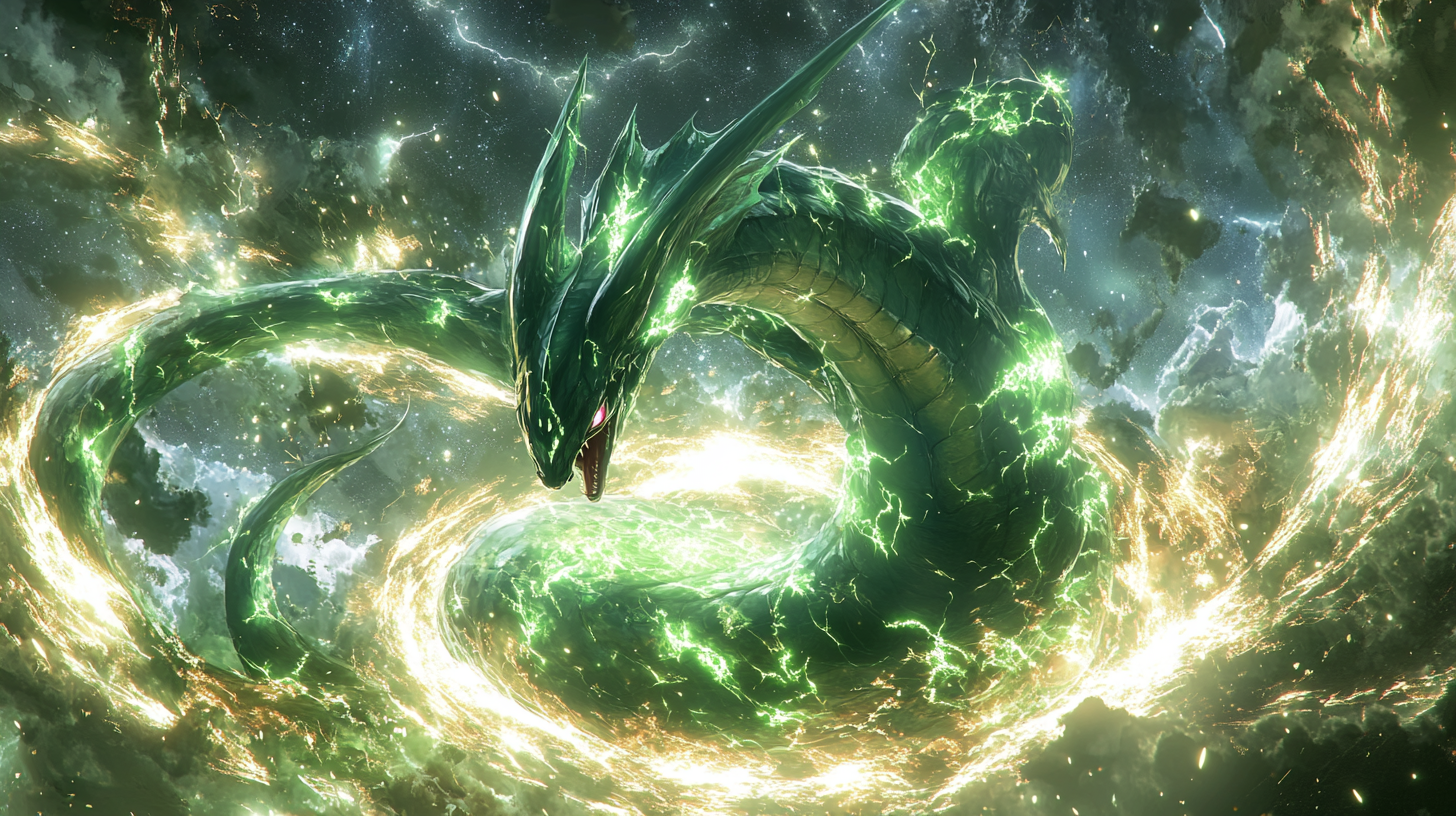 Majestic Rayquaza emerges from cosmic egg in swirling energy.