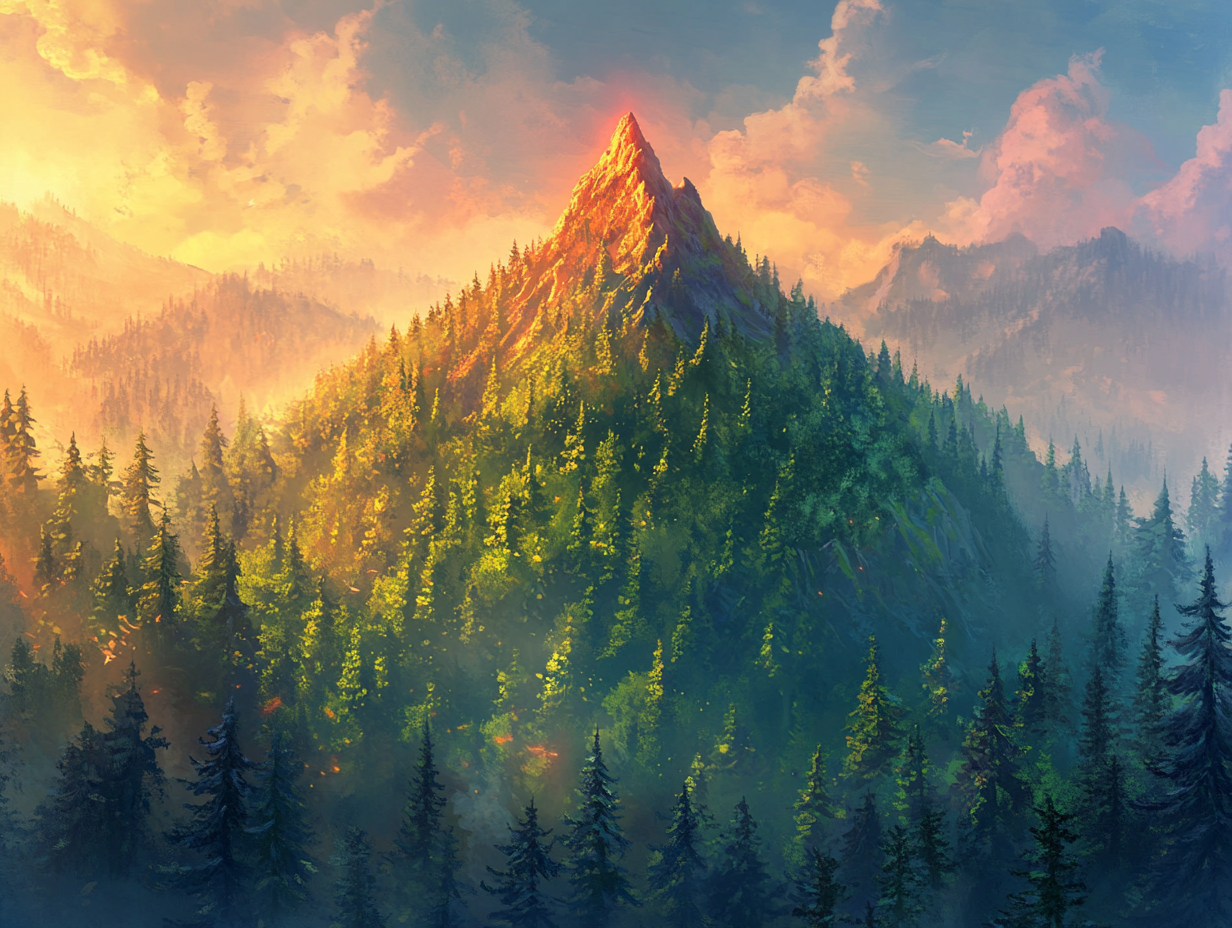 Majestic Red Mountain in Enchanted Temperate Forest