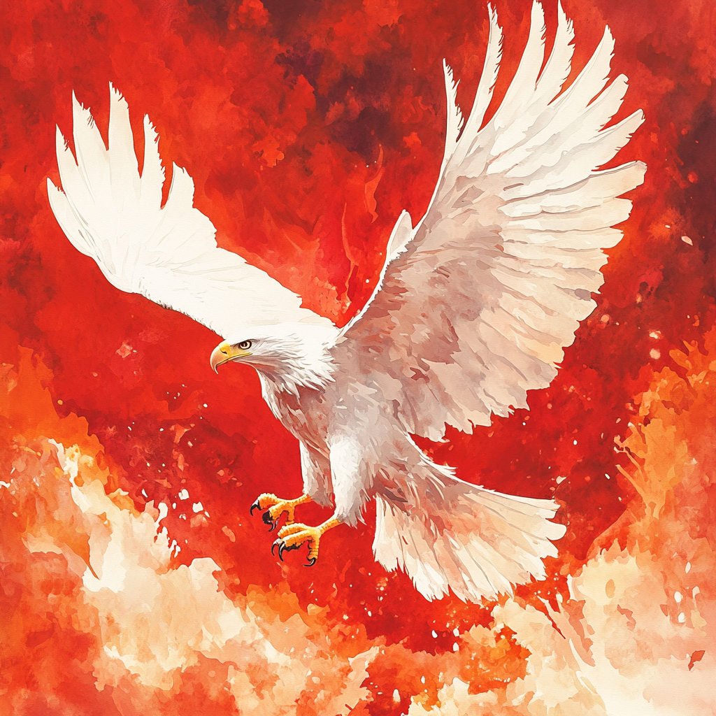 Majestic White Eagle Against Fiery Red Background