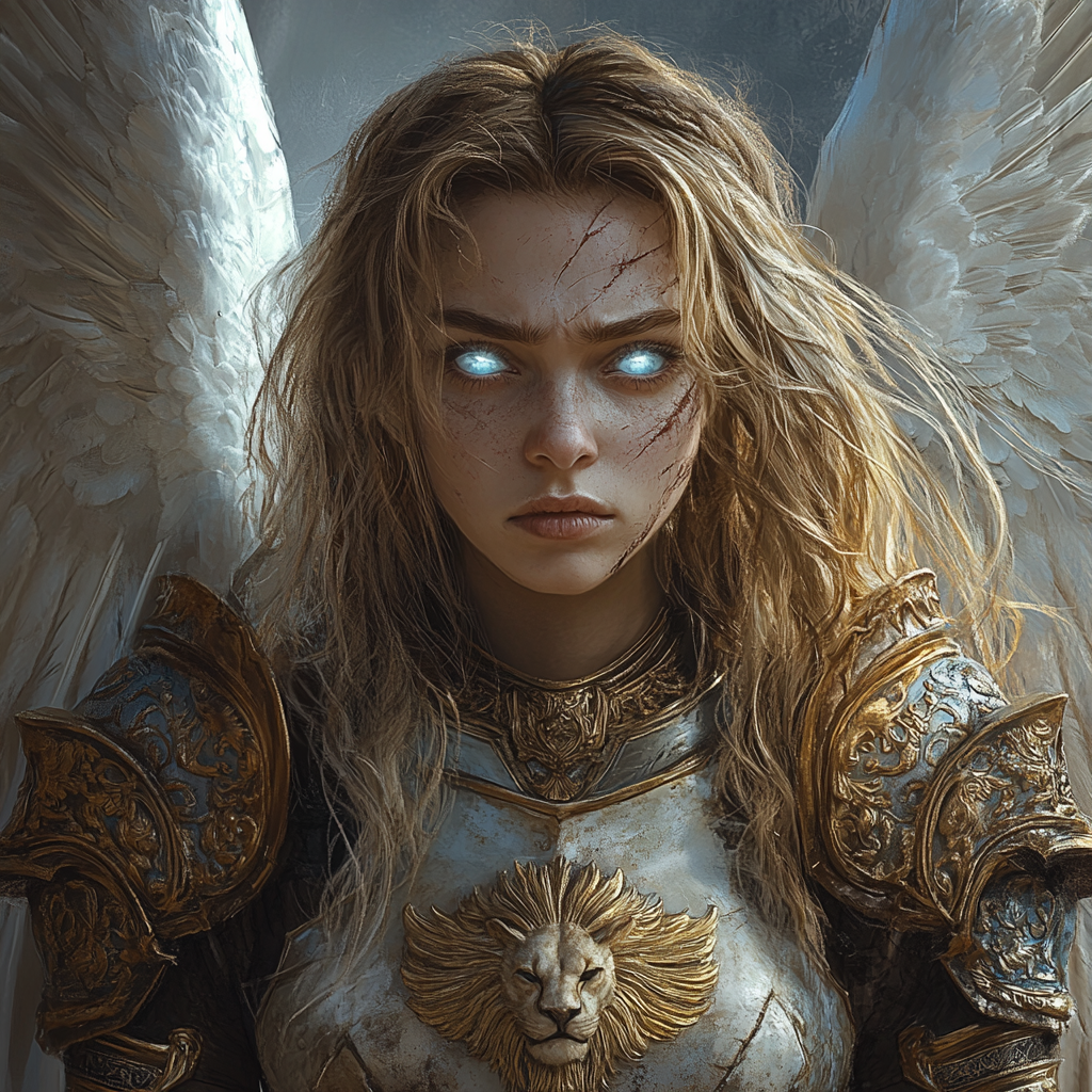 Majestic angelic warrior with white wings, golden Renaissance armor.