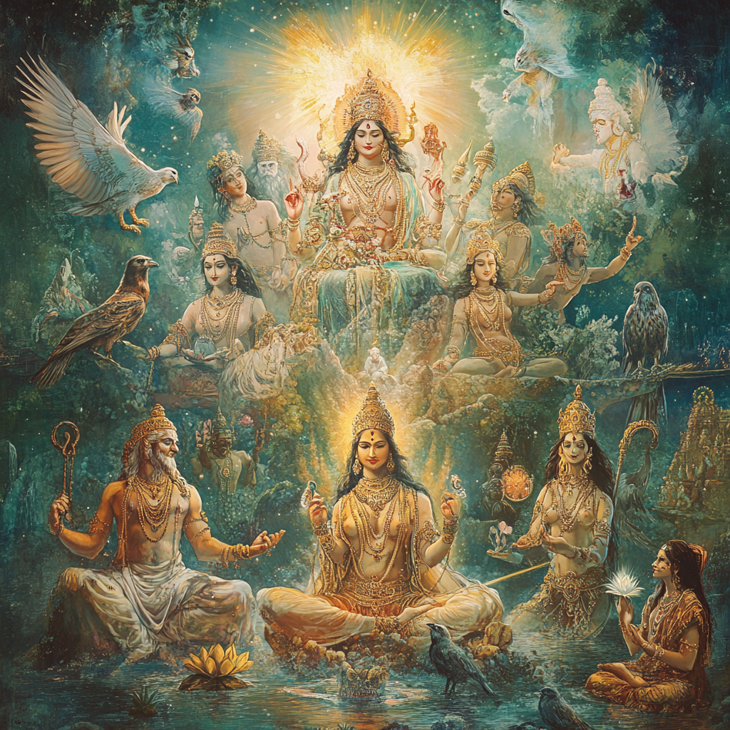 Majestic assembly of deities in radiant cosmic landscape.