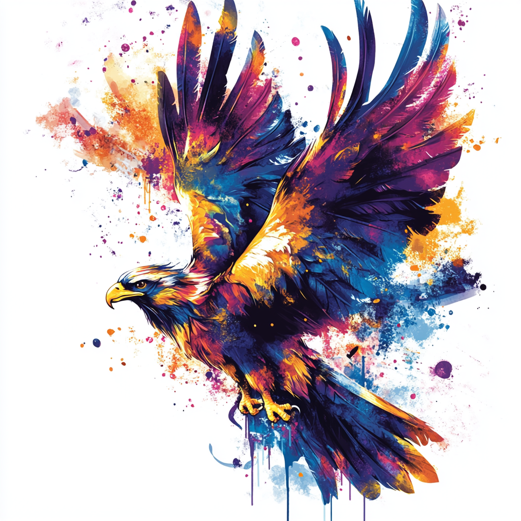 Majestic bird in flight with falling feathers design.