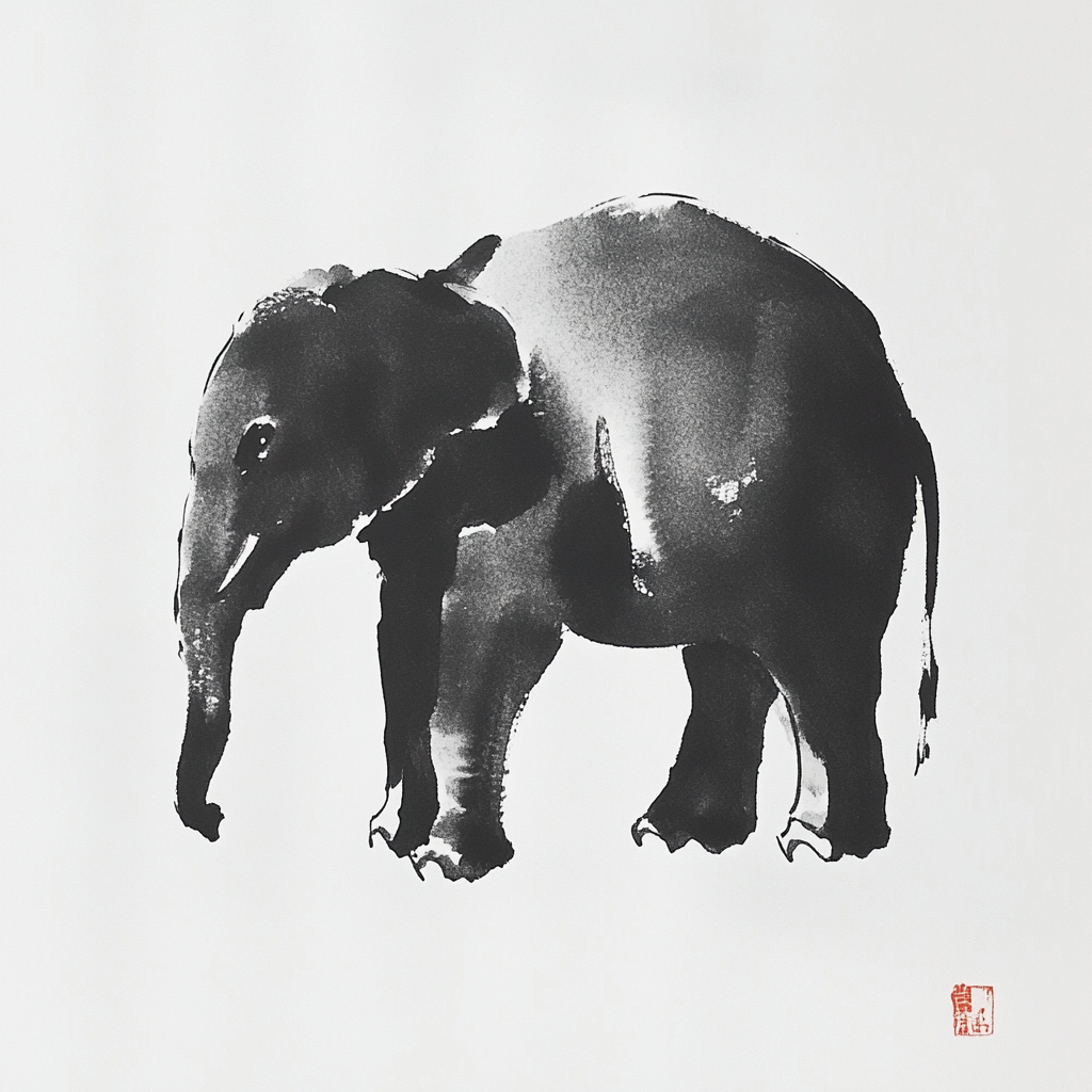 Majestic black and white elephant in ink wash.