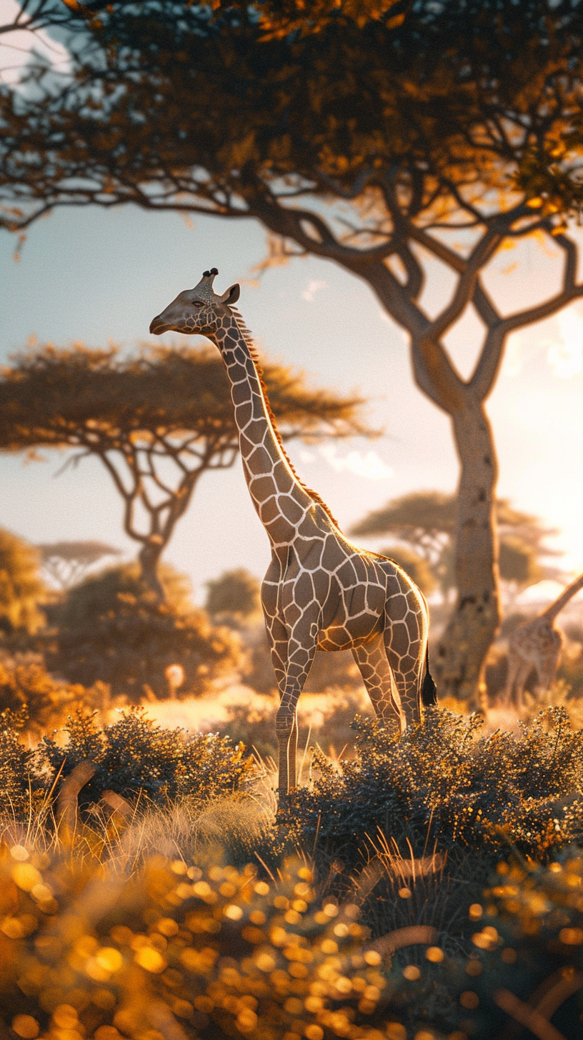 Majestic giraffe Zuma on African savannah with sunny sky.