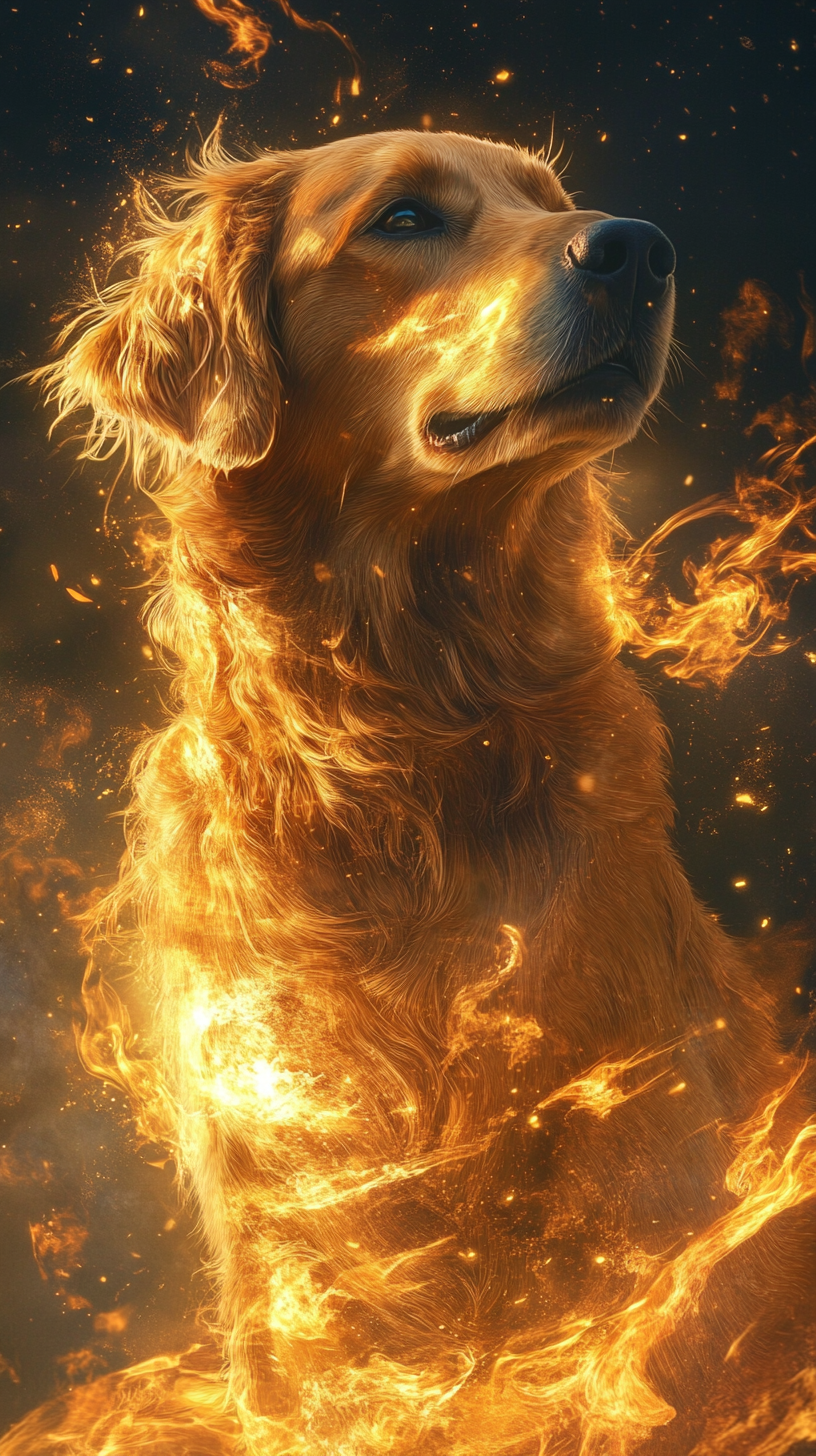 Majestic golden dog with detailed, silky fur, surrounded by elemental effects.