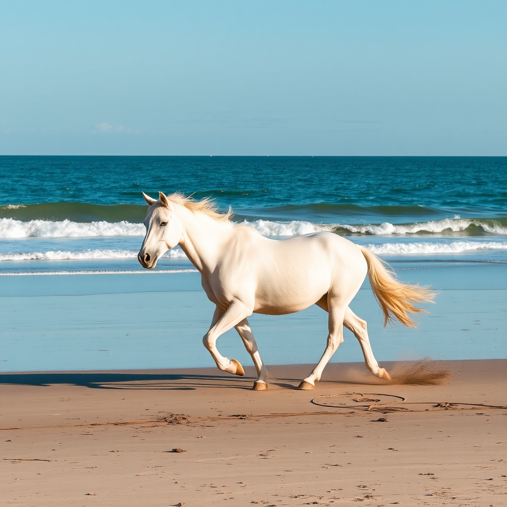 Majestic horses roaming freely on beautiful sandy shore.