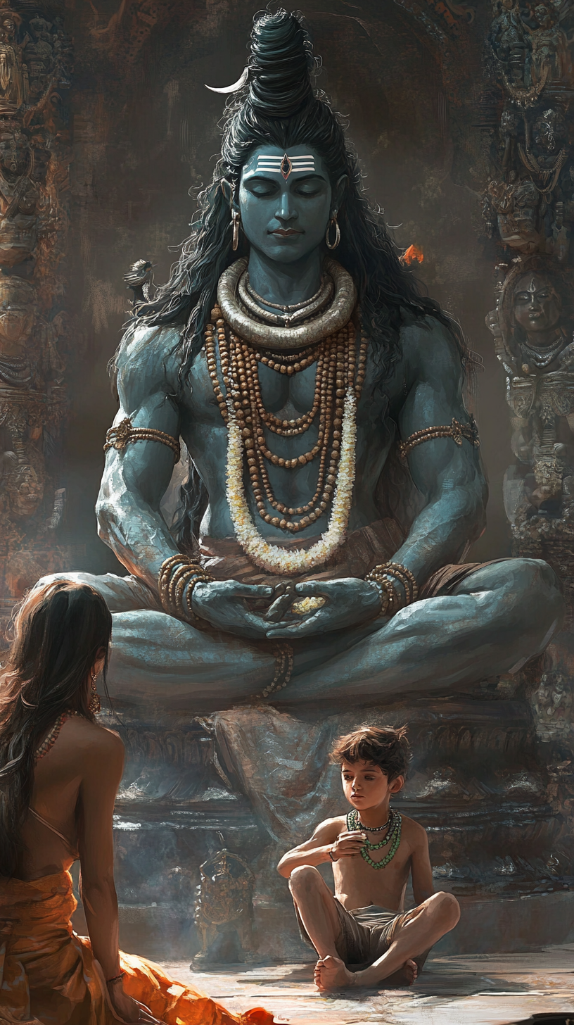 Majestic king worships Lord Shiva, boy and mother watch.