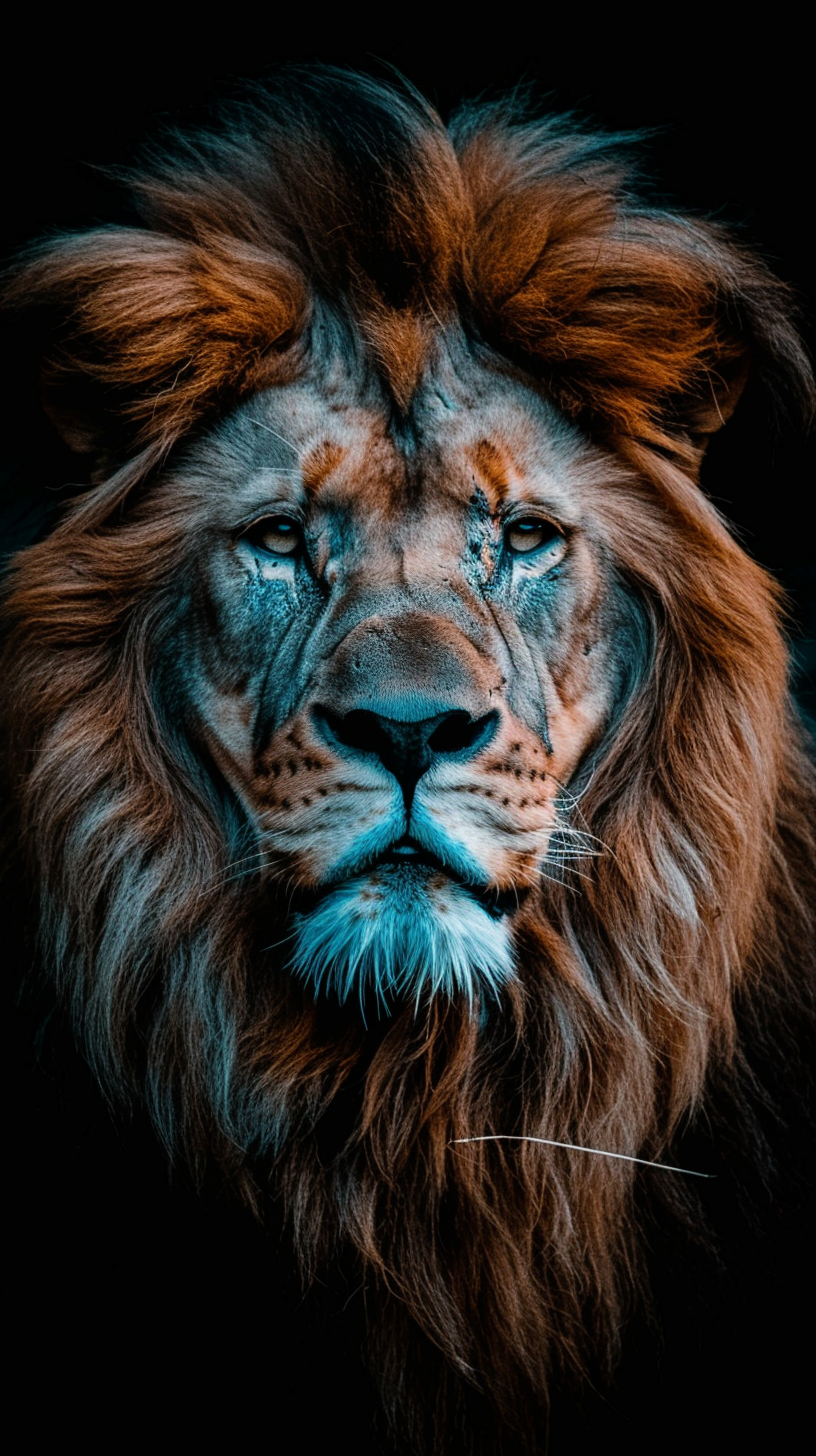 Majestic lion with golden mane in darkness.