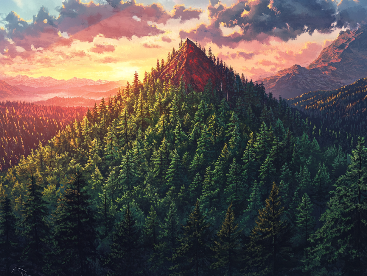 Majestic mountain peak in mystical forest