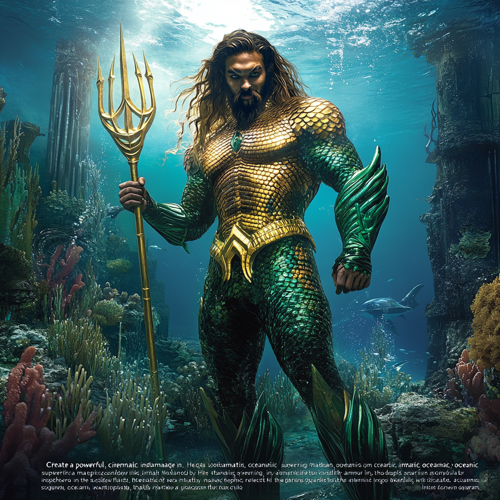 Majestic ocean superhero in glowing armor surrounded by sea creatures.