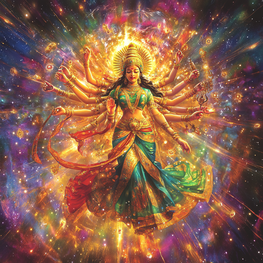 Majestic scene of goddess Durga with cosmic energy.