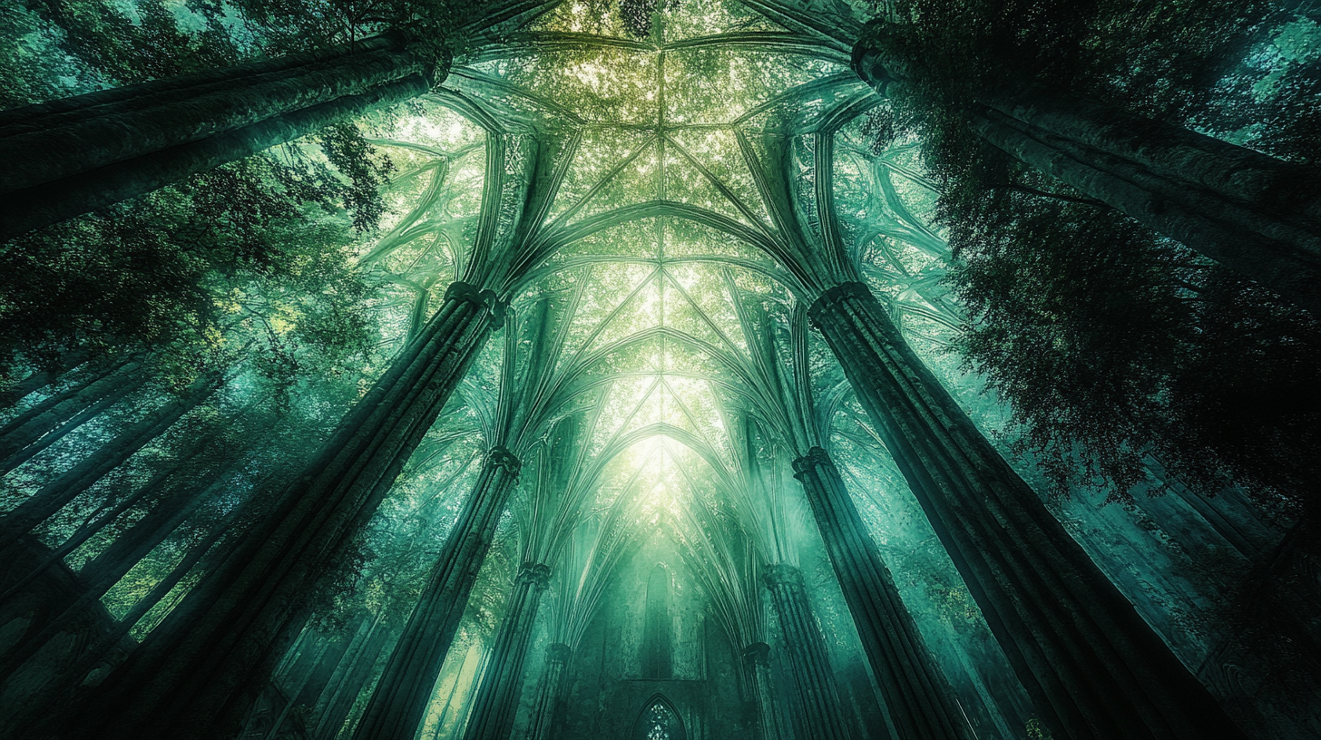 Majestic tree cathedral in ethereal, haunting image, mysterious atmosphere.