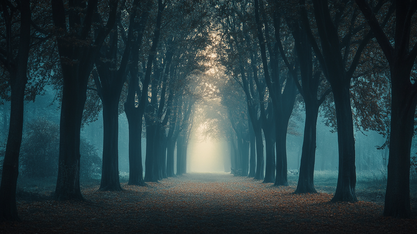 Majestic tree cathedral in mysterious misty forest.