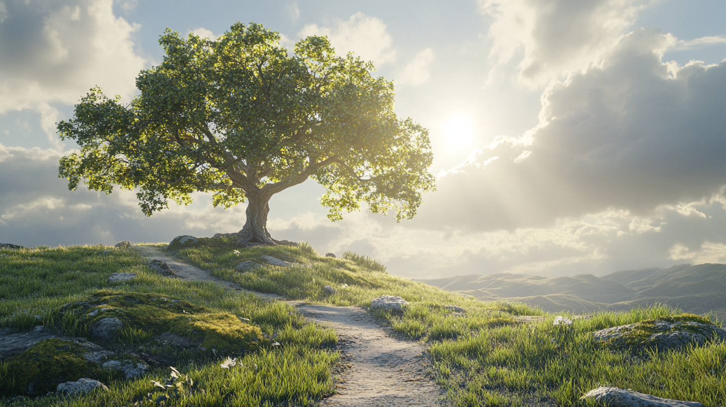 Majestic tree on hill under sunny sky