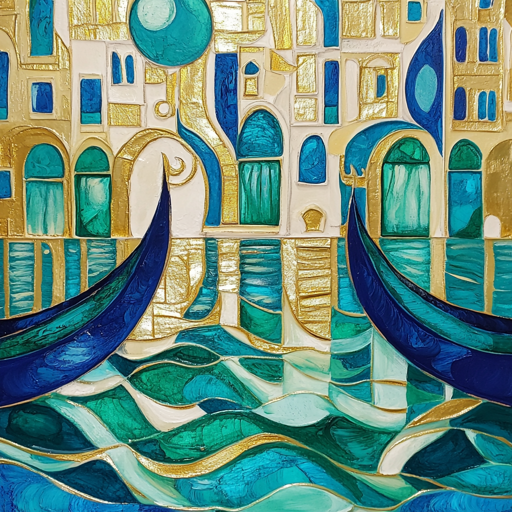 Make Picasso landscape drawing of gondoliers reflection in Venice.