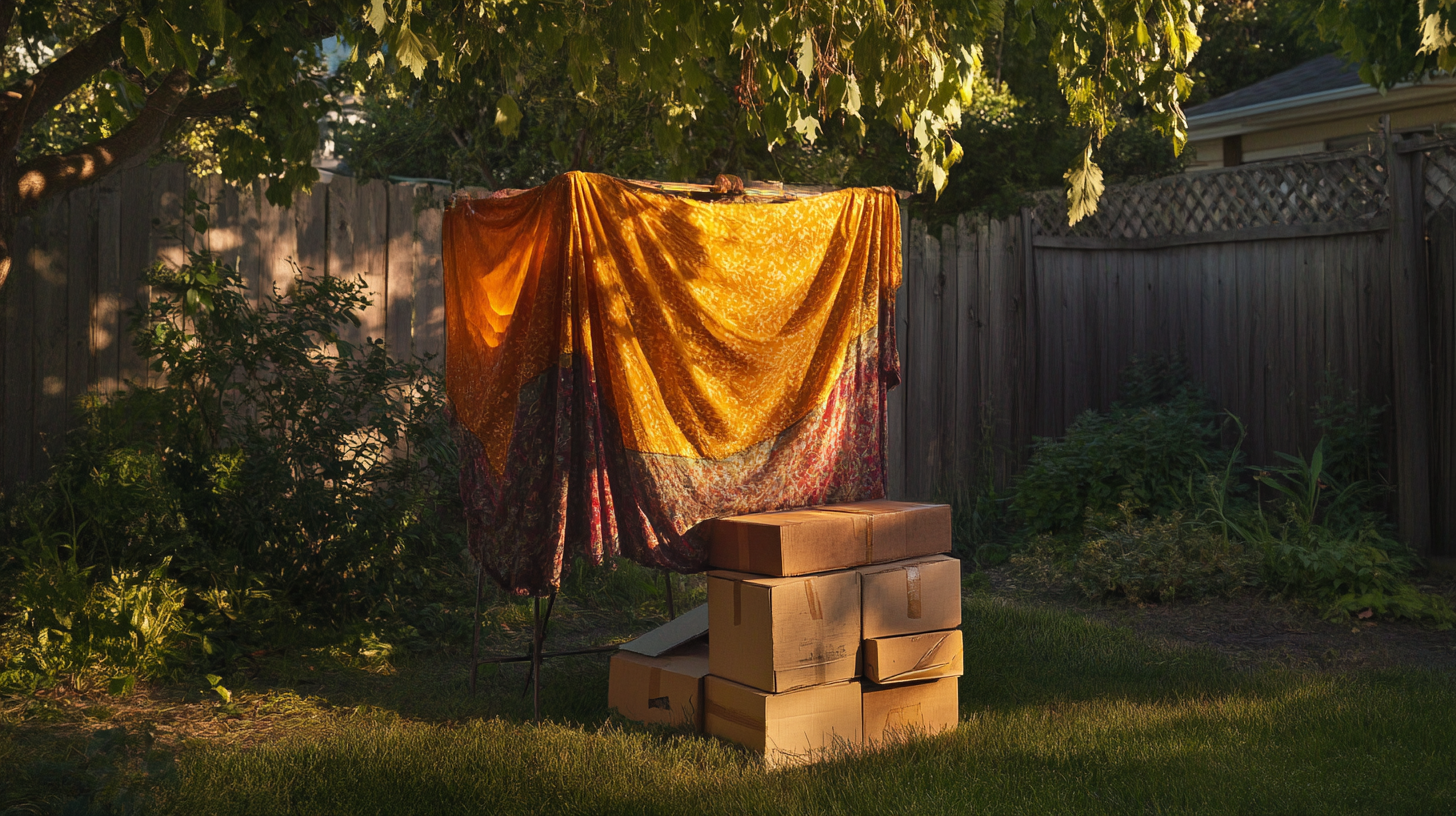 Makeshift podium on boxes draped in colorful cloth outdoors.