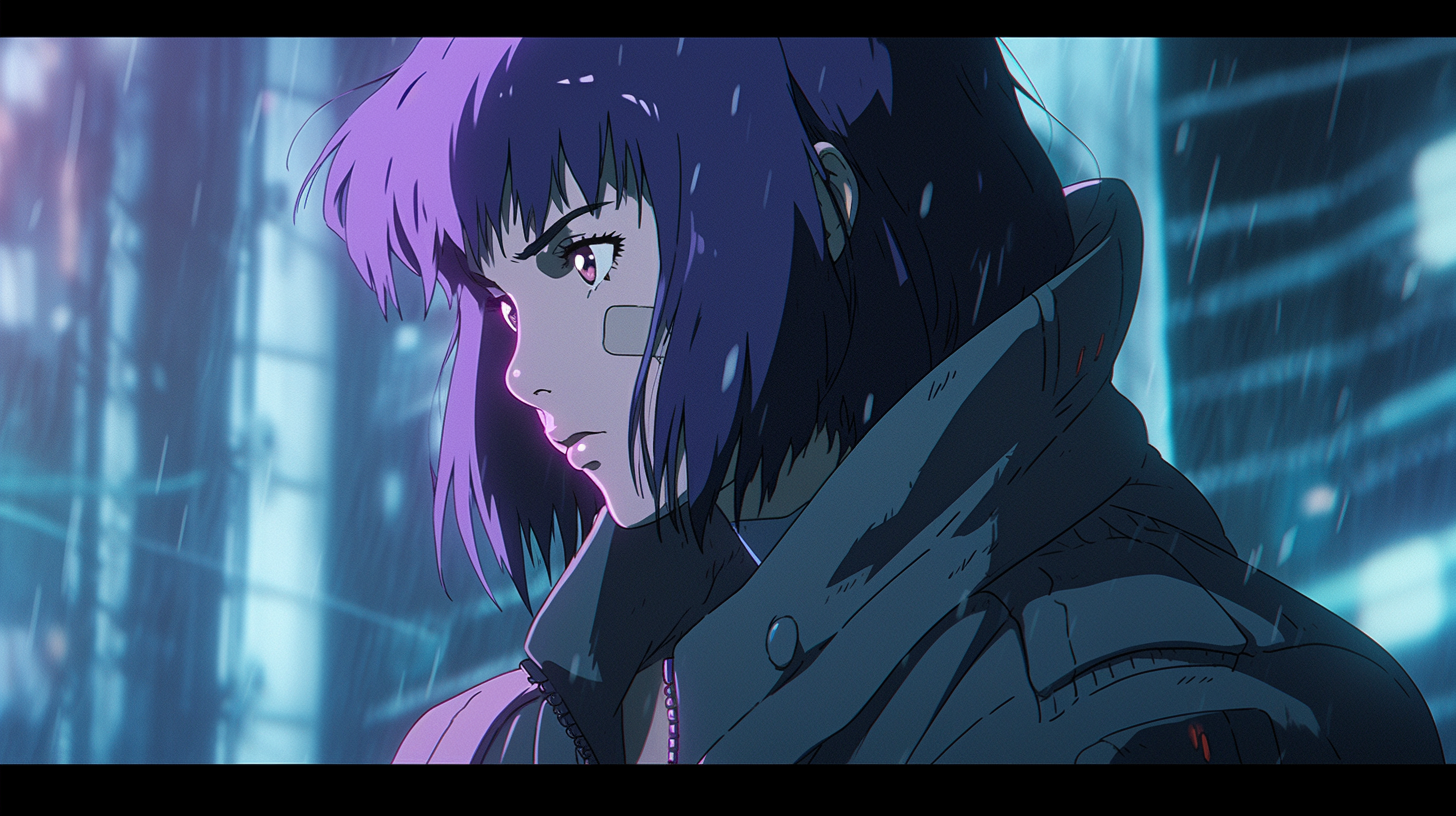 Makoto Kusanagi anime action scene in retro colors.