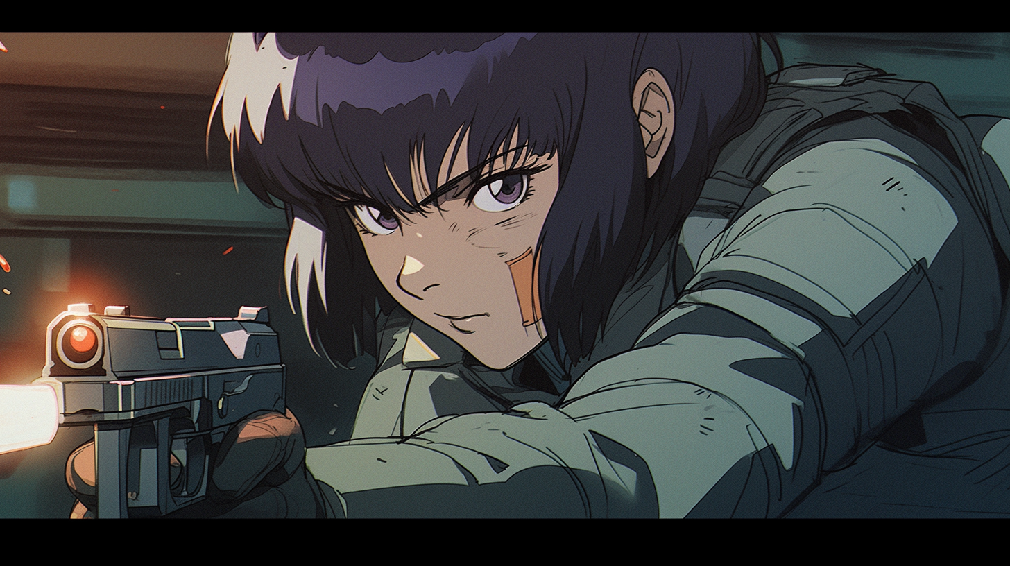 Makoto Kusanagi in intense anime action scene.