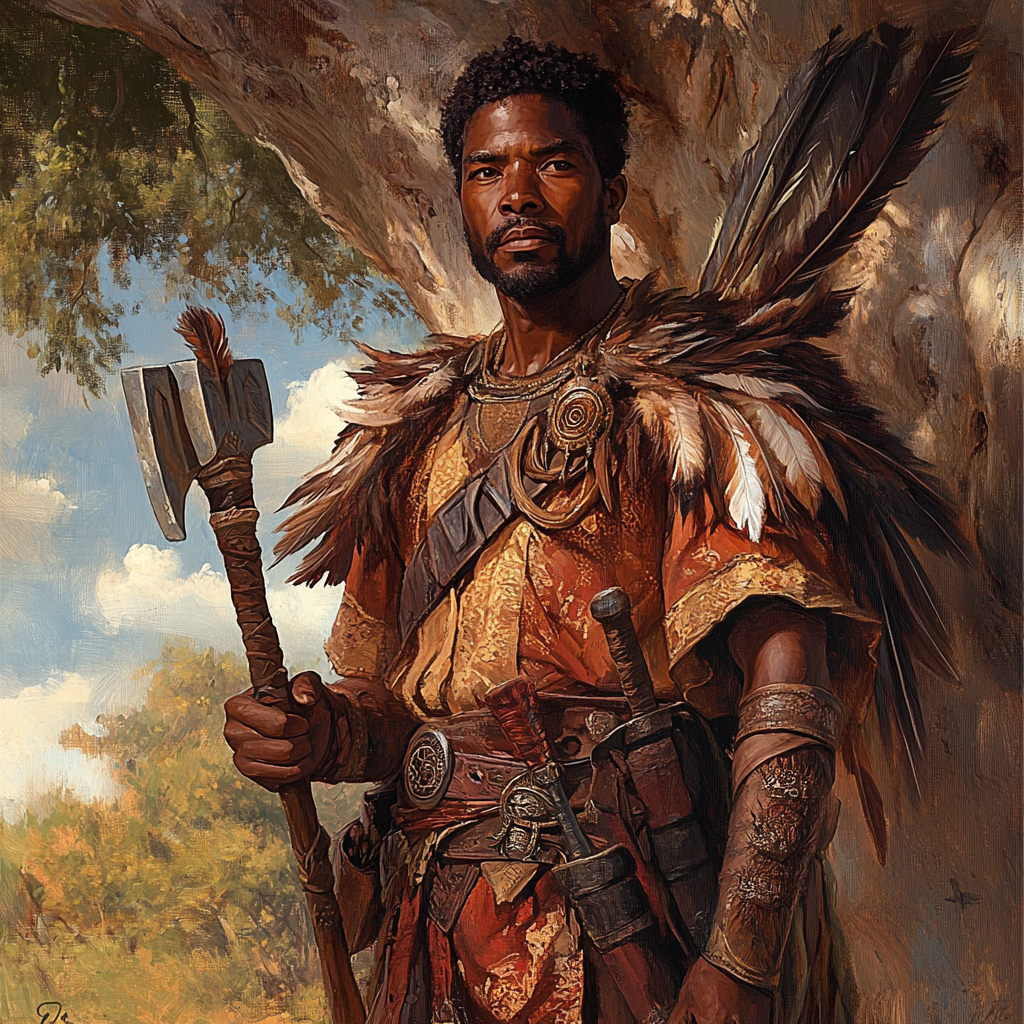 Malagasy warrior in tunic, holding warrior's hammer, eagle feathers.