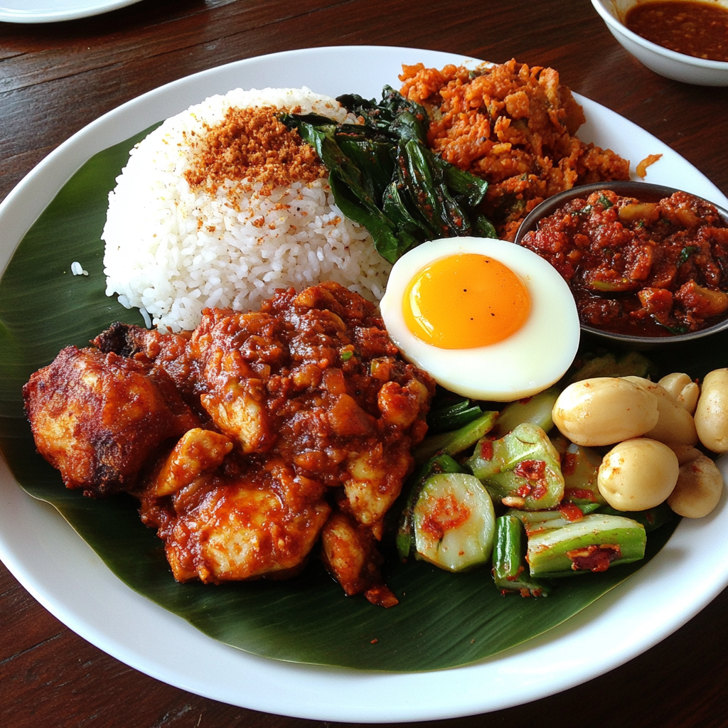 Malaysian dish with coconut rice, fried chicken, eggs, anchovies.