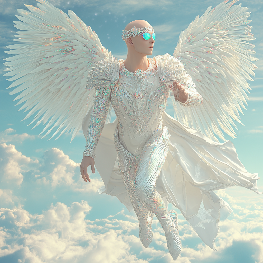 Male Angel with bald head, white eyes, Opal crown, pearlescent white clothes. Flying in cloudy sky.