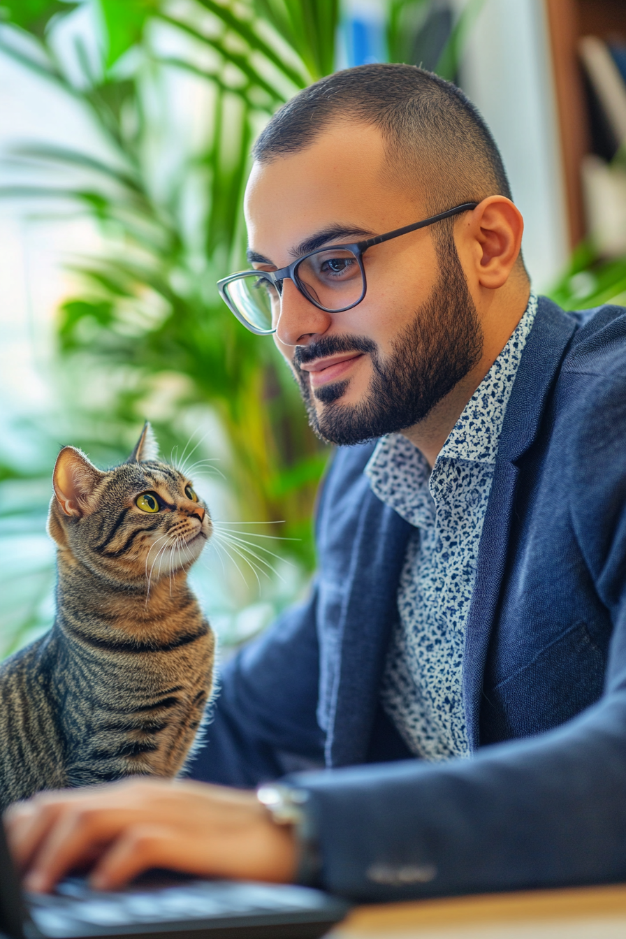 Male Arab sales manager in glasses on Zoom with cat.