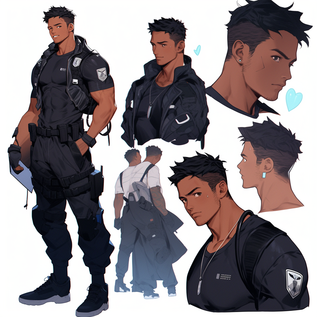 Male Cyberpunk Policeman Character Sheet with Multiple Dynamic Poses