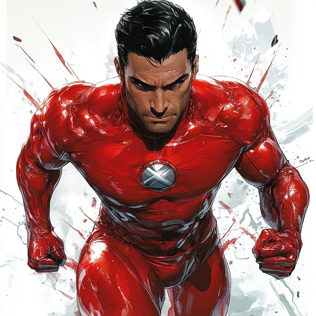 Male Superhero in Shiny Red Costume Dynamic Pose