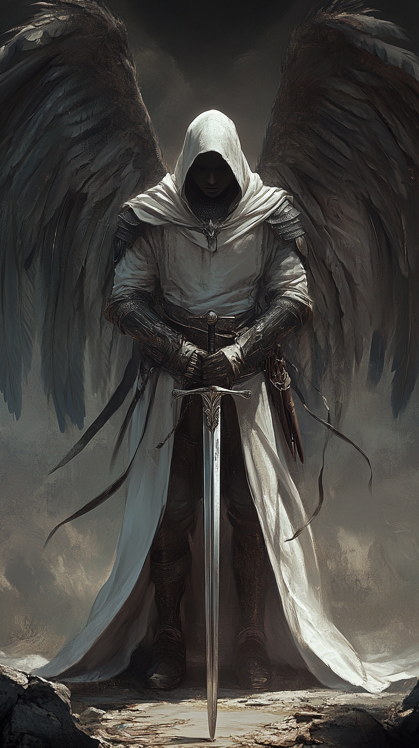 Male angel, hooded, holding sword, wings outstretched, levitating.