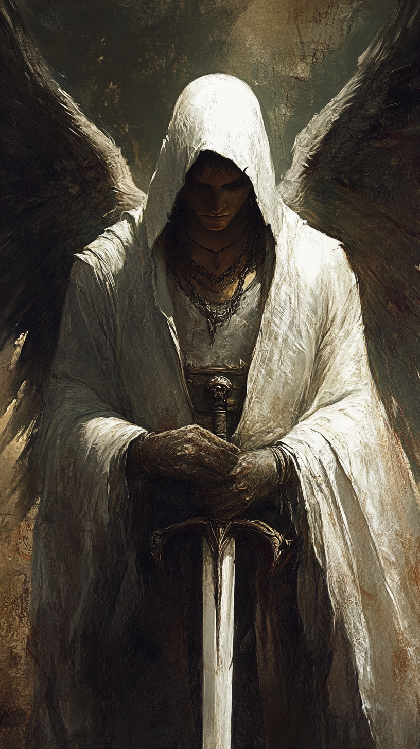 Male angel with hood, holding a sword, realistic view.