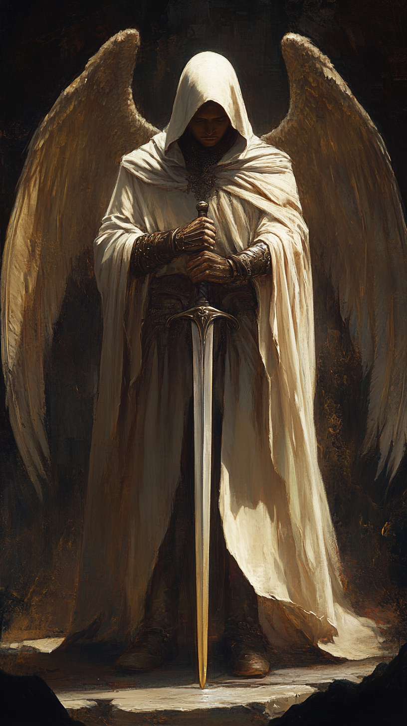 Male angel with wings and sword levitating realistically.