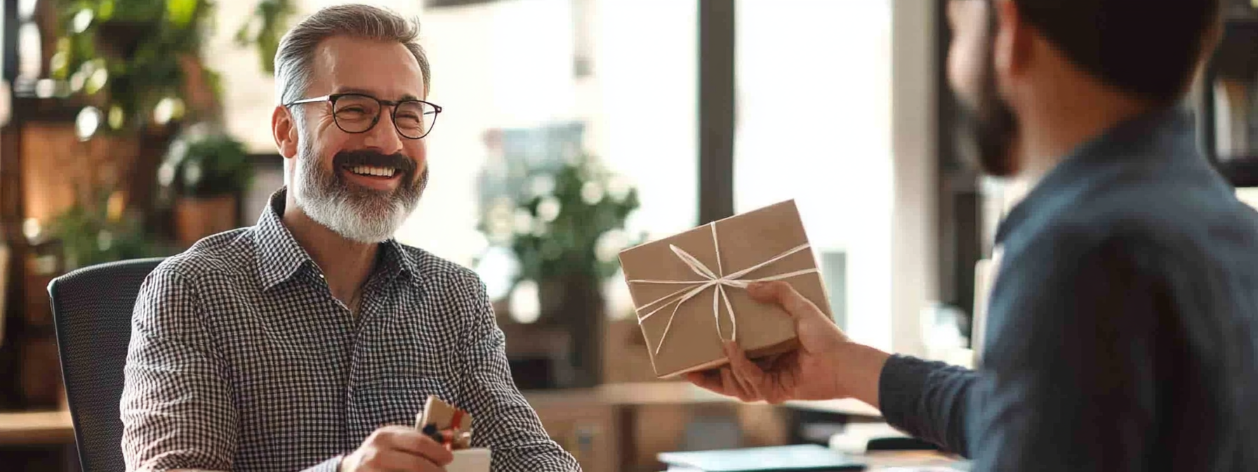 Male boss receiving gift from employee, both smiling happily.