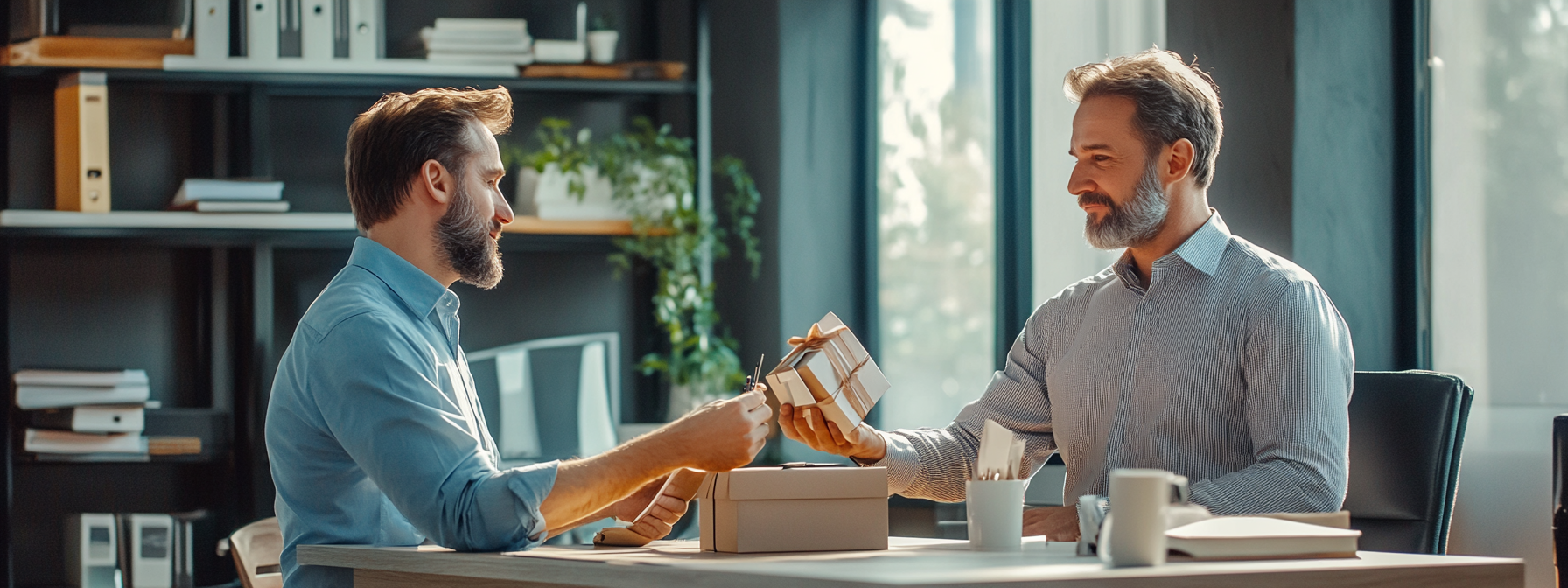 Male boss receiving gift from employee in office.