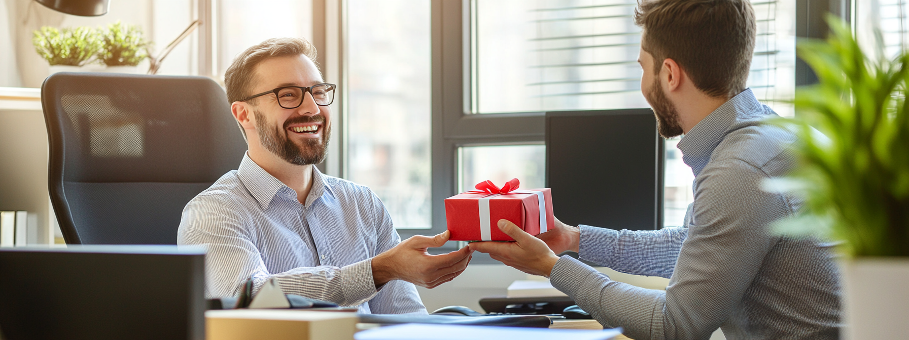 Male boss receiving happy gift from male employee.