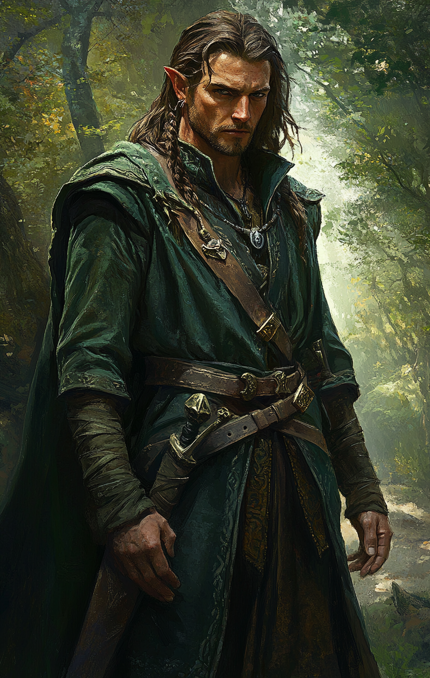 Male druid rogue in green tunic with forest background.