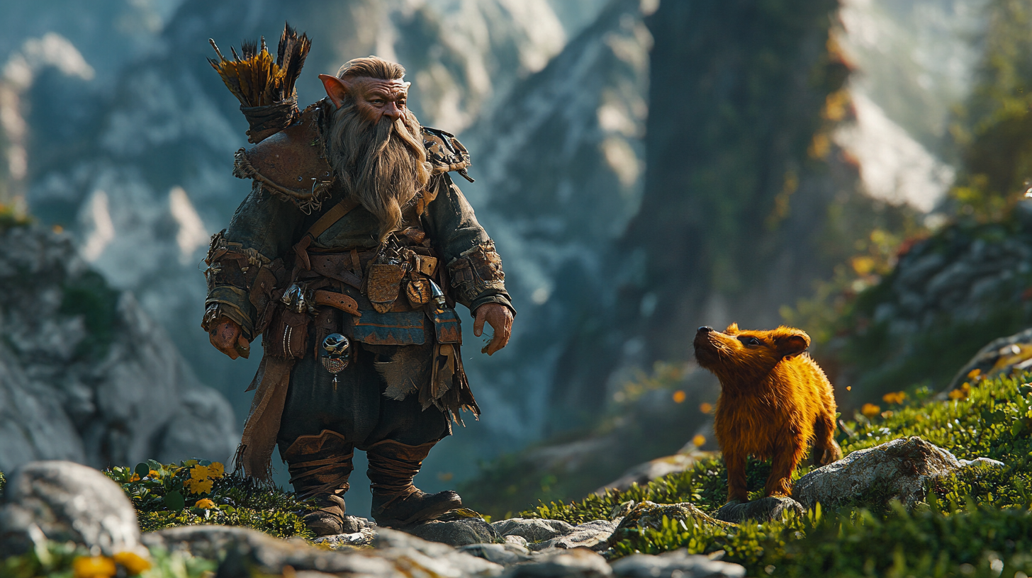 Male dwarf ranger with animal companion in epic action.