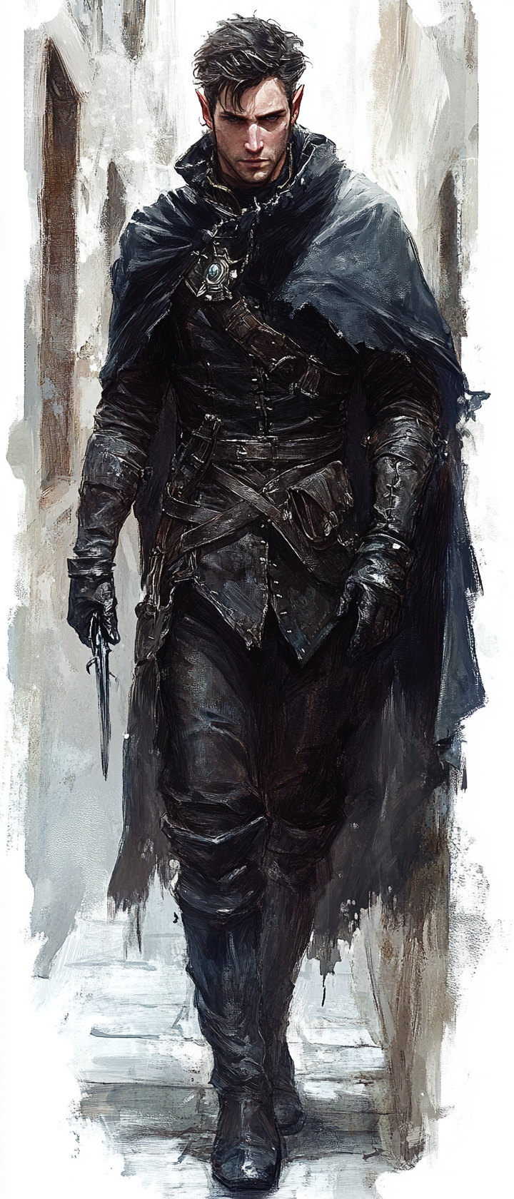 Male elf rogue in black armor with dagger.