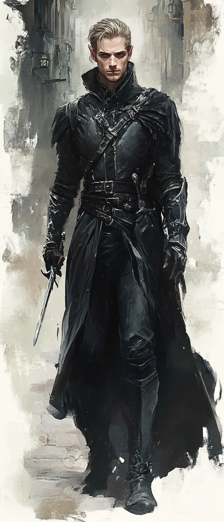 Male elf rogue in black armor with daggers.