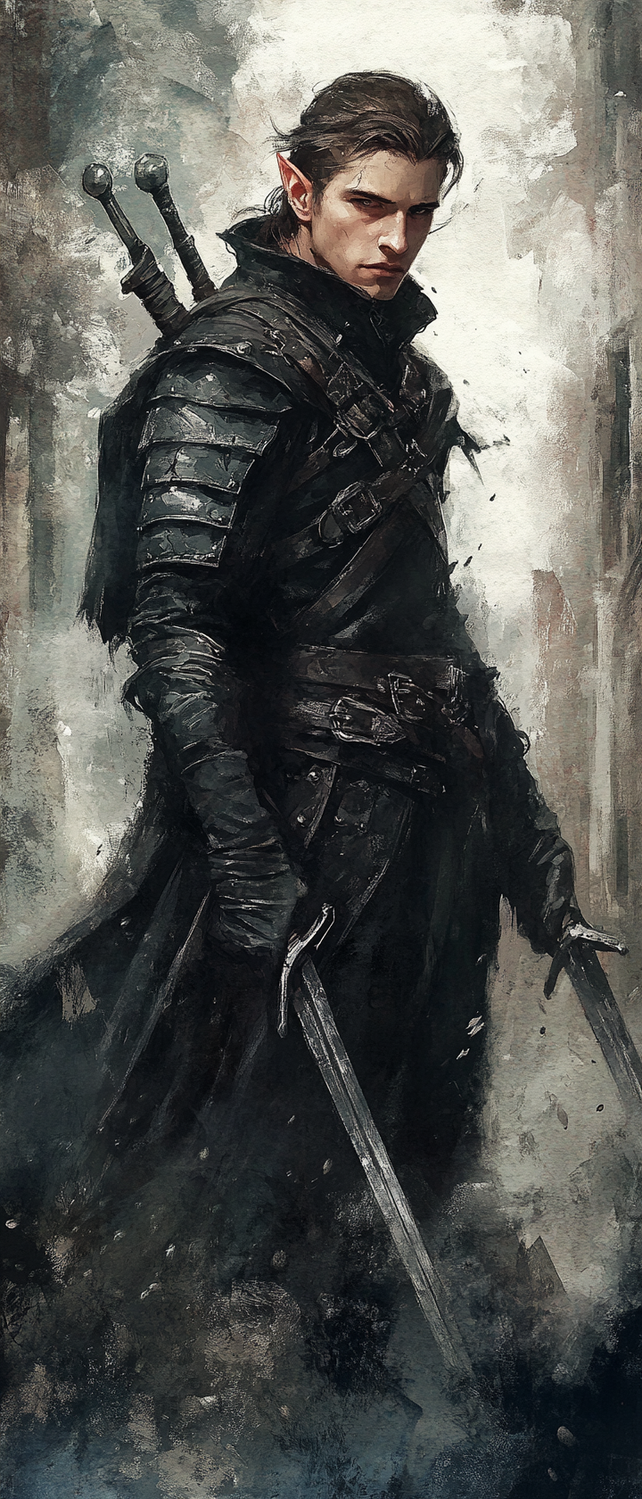 Male elf rogue in black leather armor with daggers.