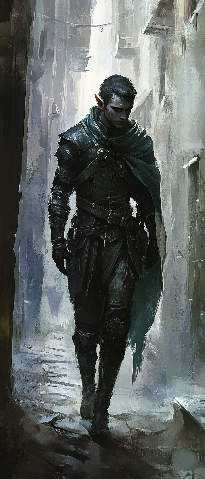 Male elf rogue in dark leather armor sneaking.