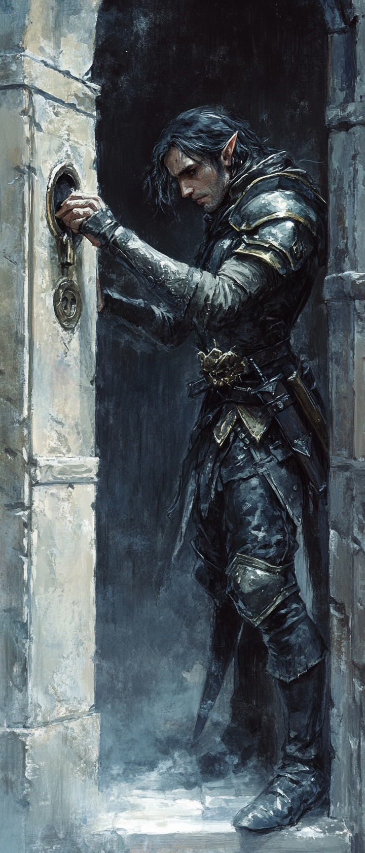 Male elf rogue picking a door lock in dark setting.