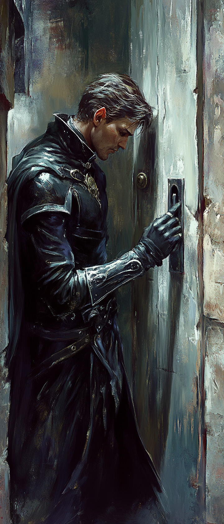 Male elf rogue picking lock in medieval alley.