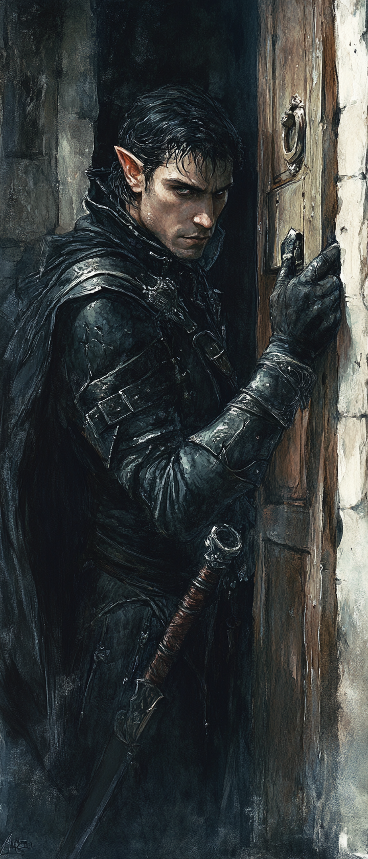 Male elf rogue picks door lock in eerie city.